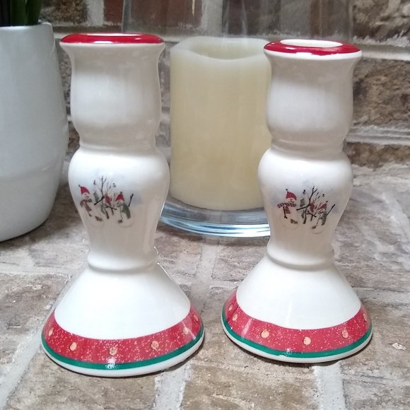 ROYAL SEASONS Candlesticks Stoneware Snowman Candle Tapers Holder - Picture 1 of 6